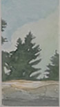 Watercolor painting of trees and rocks by David Guillemette.
